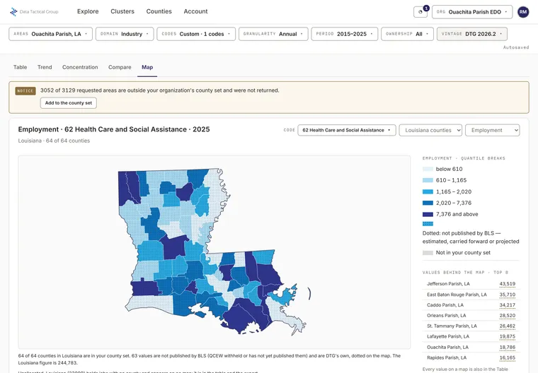 The map view in the app: health care and social assistance employment in 2025 for the 64 parishes of Louisiana, in five quantile steps with dotted shading where BLS did not publish a value, and the eight largest values listed beside the map. The figures are fabricated for this picture.